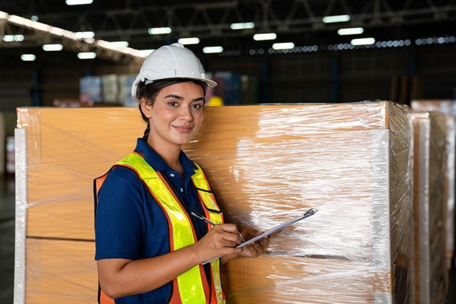 woman in hard hat and vest smiling in front of pallet of stretch wrapped boxes